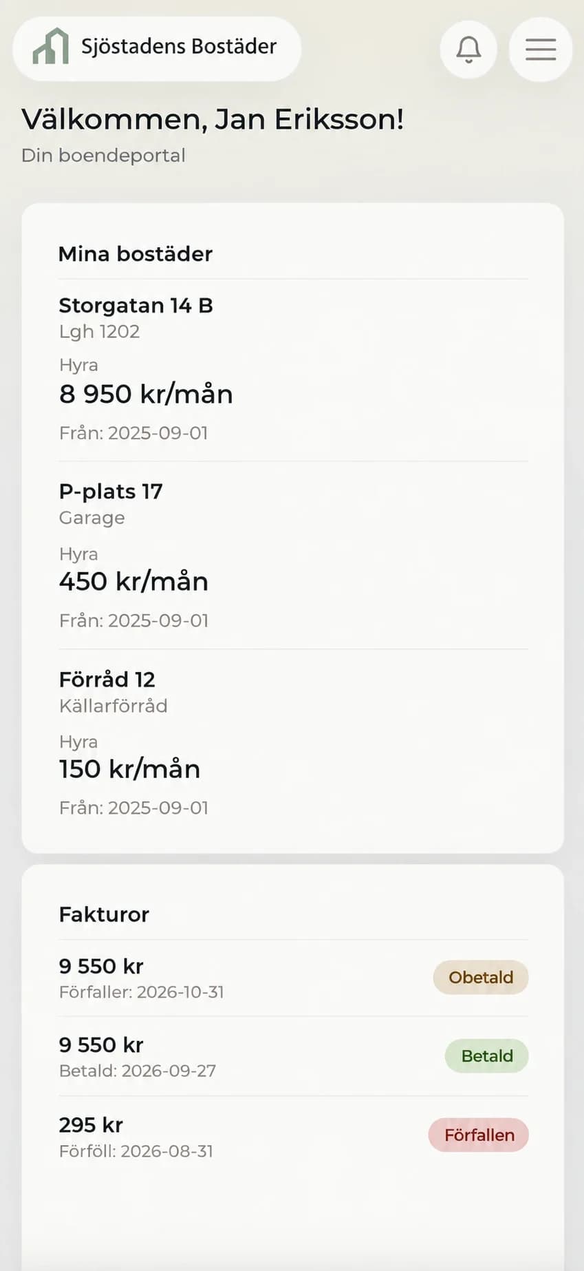 Boendeportalen i mobilen: hyresgästen ser sina bostäder, hyror och fakturor.