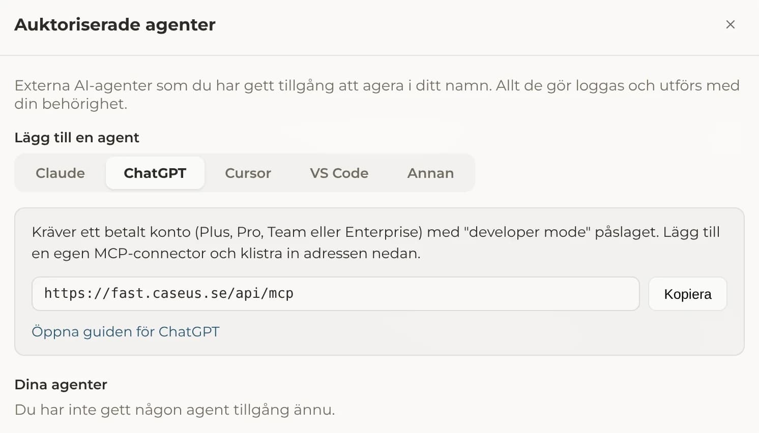 MCP-kopplingen i Caseus till ChatGPT och Claude.