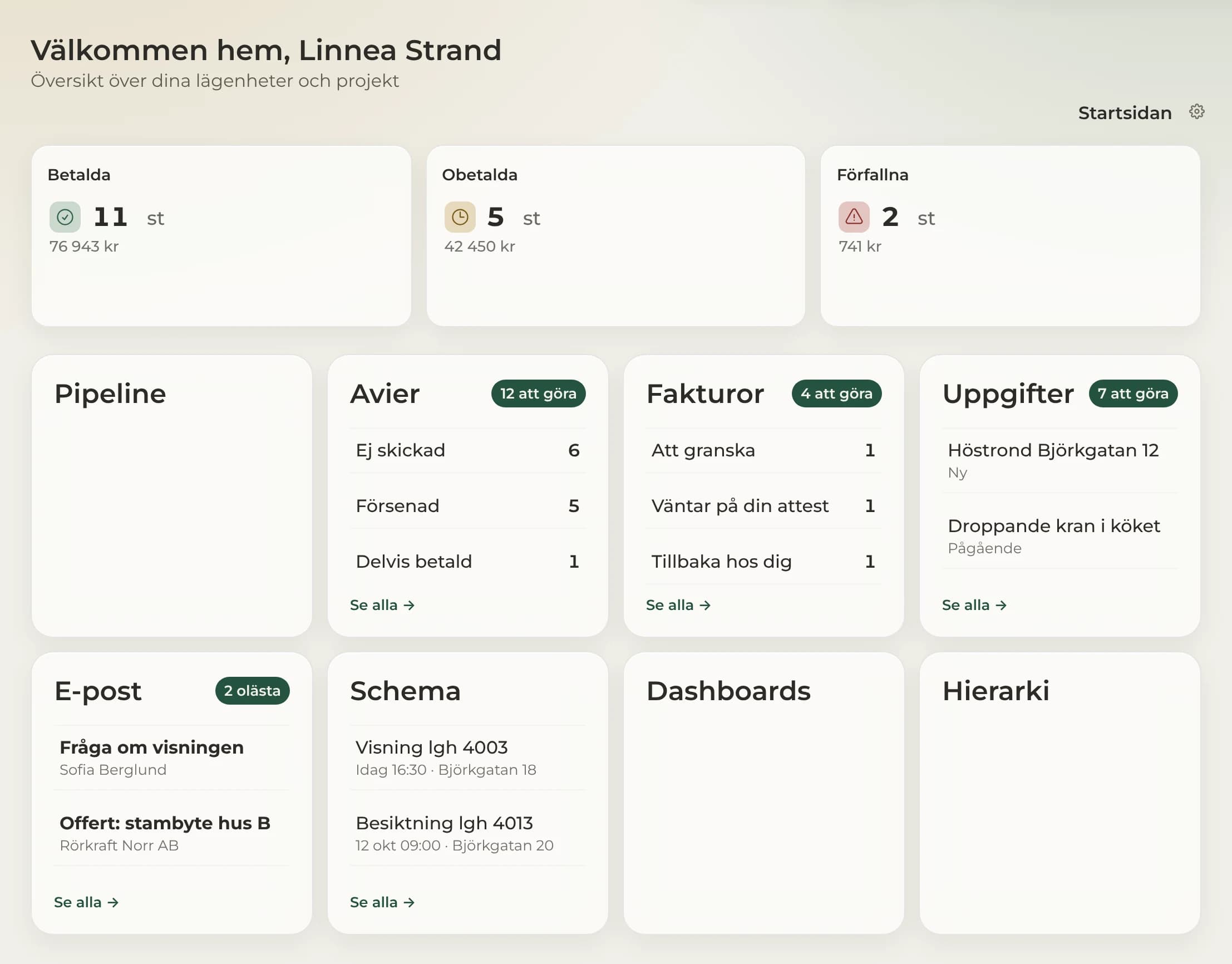 Startsidan i Caseus: betalda, obetalda och förfallna avier överst, och under dem det som väntar bland avier, fakturor, uppgifter, e-post och schema.